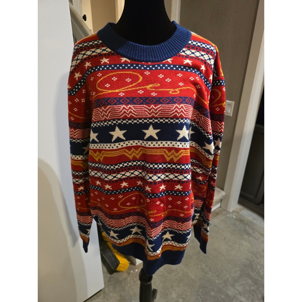 Box Lunch Wonder Woman Fair Isle Knit Sweater Red Blue Stars XXL DC Comics